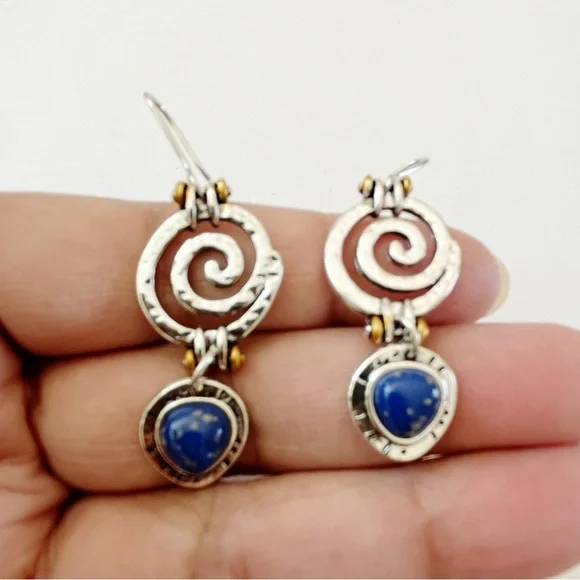 ⛔️SOLD⛔️ Natural Blue Lapis Lazuli Boho Handcrafted Silver Dangling Earrings NWT - Picture 3 of 12